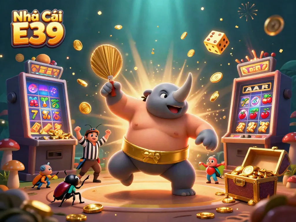 Experience the excitement of Nhà Cái E39 with a vibrant 3D illustration featuring a sumo beetle champion.
