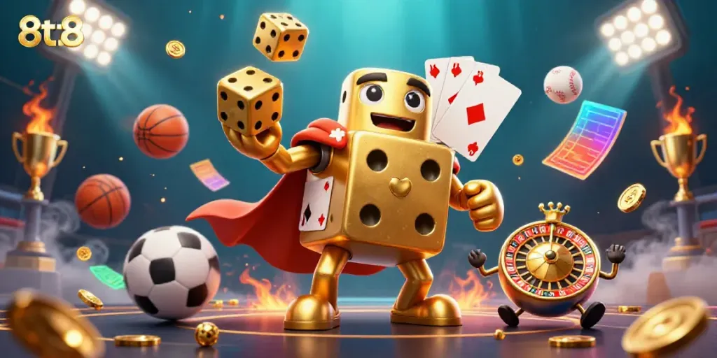 Engage in exciting bets and winnings with 8tt8's dynamic casino scene featuring golden dice and vibrant game elements.