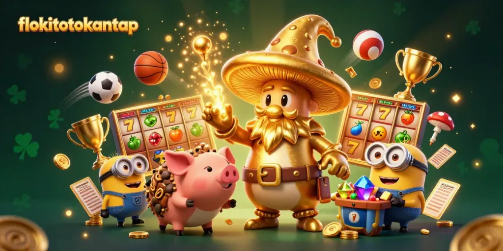 Experience exciting casino gameplay with flokitotokantap through a vibrant 3D illustration of magical characters.