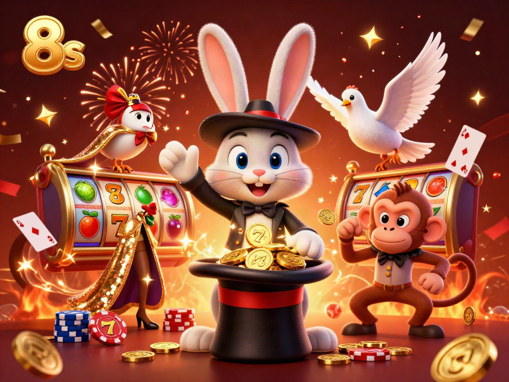Experience the thrill of 8s as a magician pulls coins from a hat amidst slot reels and vibrant festivities.