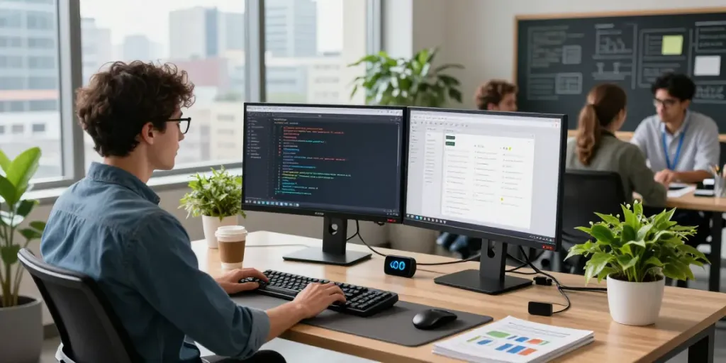 Developer coding in a vibrant workspace, showcasing pecah404 technology innovations and collaboration.
