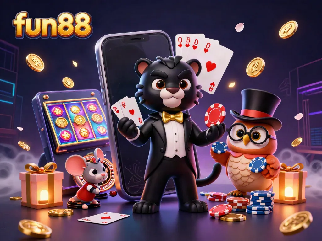 Experience fun88 with this vibrant casino scene featuring a stylish panther, lucky owl, and playful mouse.