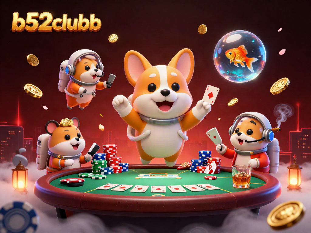 Engage in thrilling games at b52clubb with a vibrant 3D illustration of lively characters and casino elements.
