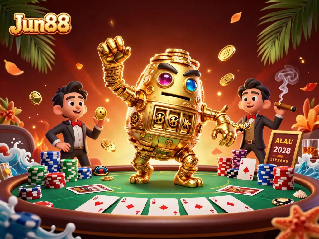 Engage with the thrilling Jun88 casino experience featuring a vibrant golem and poker game scene.
