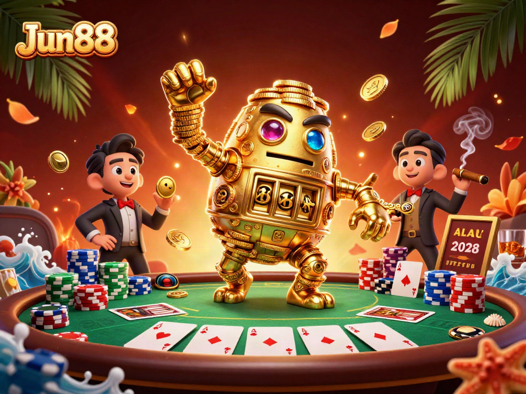 Engage with the thrilling Jun88 casino experience featuring a vibrant golem and poker game scene.