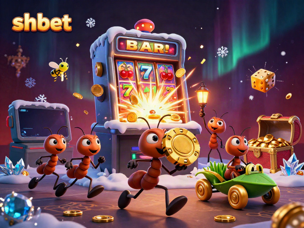Experience a vibrant shbet gaming explosion with a team of cartoon ants carrying a giant poker chip.
