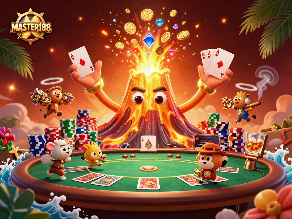 Experience exhilarating gameplay at MASTER188 with lively casino scenes bursting with treasures.