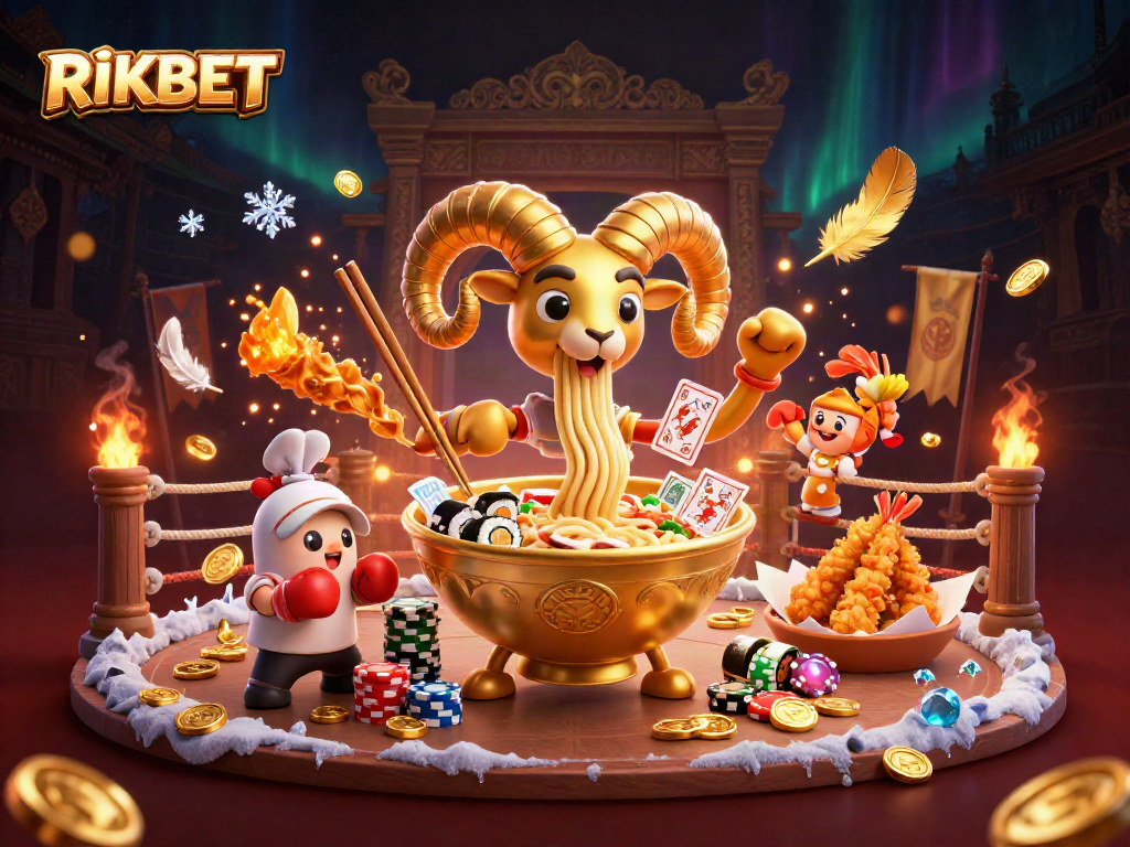 RIKBET showcases a dynamic casino scene with a giant ramen bowl dealer and exciting game elements.