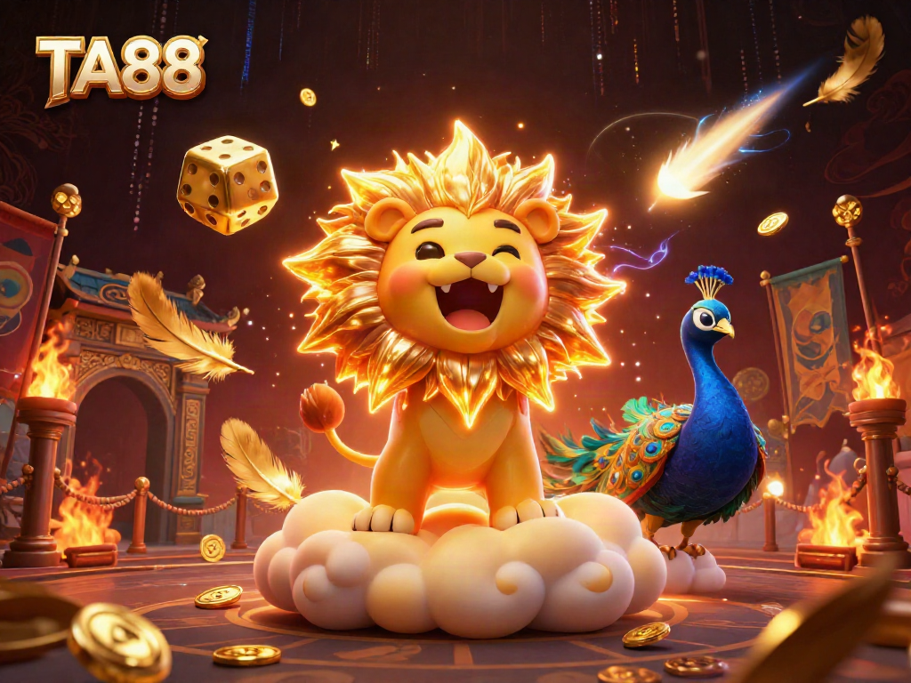Experience the thrill of TA88 with stunning visuals of a vibrant lion, golden dice, and dynamic gaming elements.