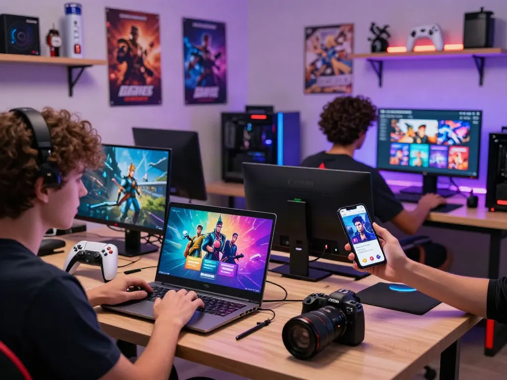 Engaged gamers exploring warung168 for digital game purchases in a vibrant e-commerce setting.