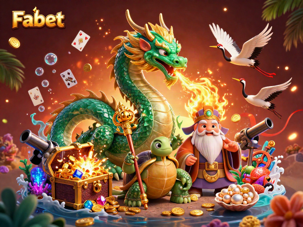 Fabet players engaging with a vibrant online casino scene featuring a jade dragon, turtles, and winning treasures.