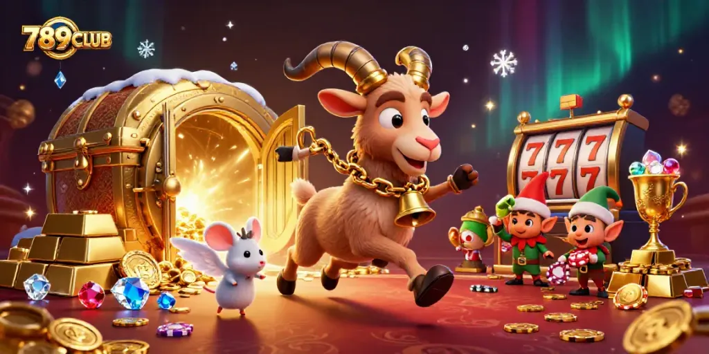 Experience the excitement of 789CLUB with festive characters in a vibrant casino scene.