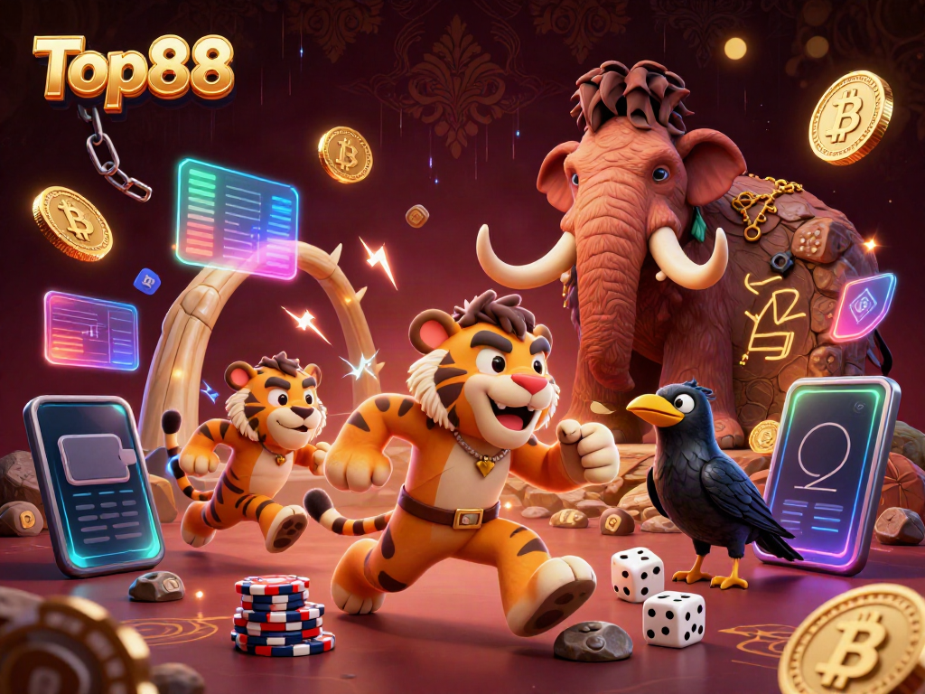 Join the fun at Top88 with a caveman and sabertooth duo managing a prehistoric casino adventure!