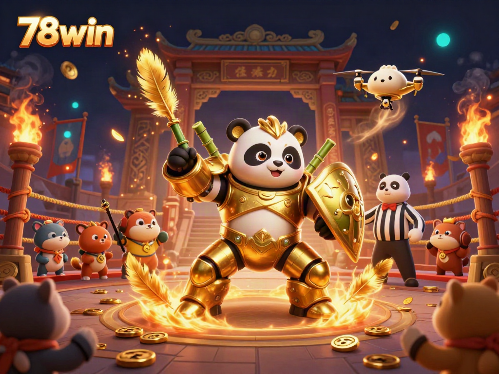 Engage in thrilling action with the 78win golden panda in an epic betting arena, showcasing vibrant casino elements.