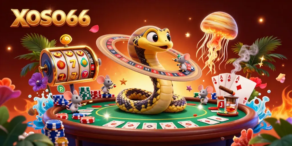 XOSO66 showcases a vibrant casino scene with colorful characters betting on a cosmic roulette wheel.