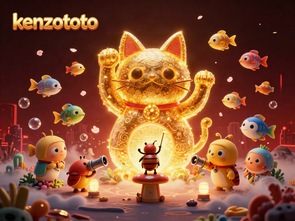 Experience the lively world of kenzototo with golden fireflies and dynamic fish shooting elements.