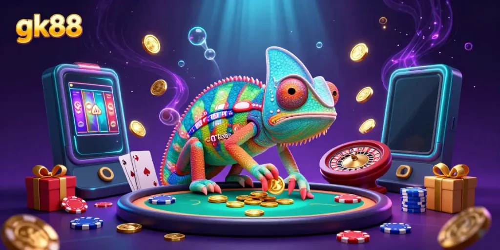 Experience thrilling gaming at gk88 with a vibrant scene featuring a dynamic chameleon casino owner and engaging gaming elements.