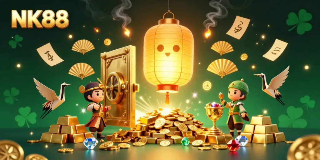 Experience the enchanting world of NK88 with magical golden lanterns and treasures in a vibrant casino scene.