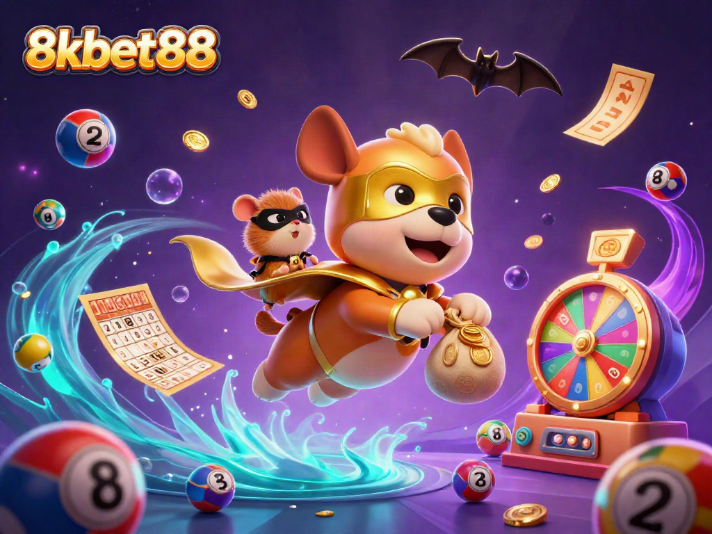 Experience the thrill of 8xbet88 with a superhero dog and hamster amidst vibrant gaming symbols.