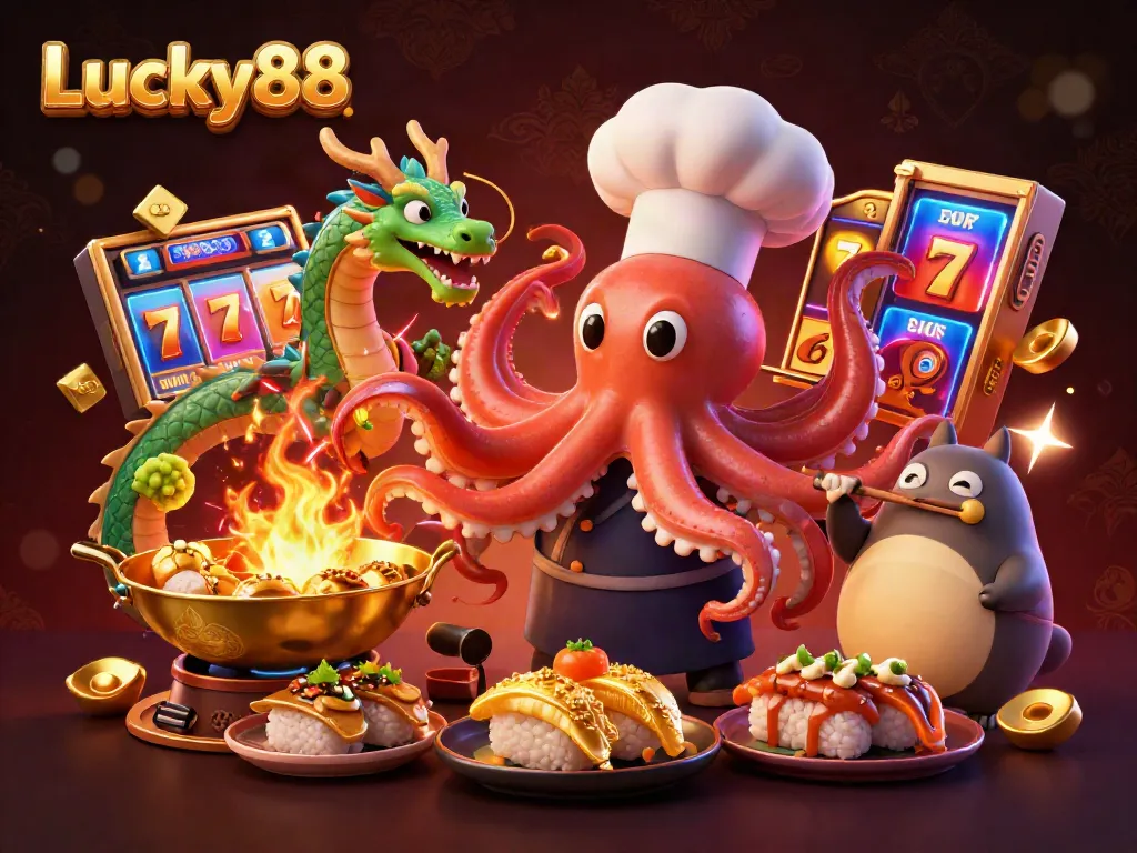 Experience Lucky88's thrilling gaming world with vibrant characters and casino elements.