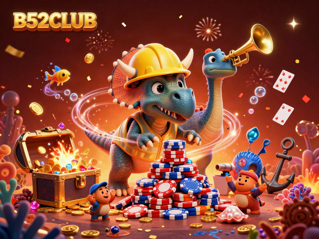Experience the excitement of B52CLUB with a dynamic 3D casino illustration featuring unique characters and elements.