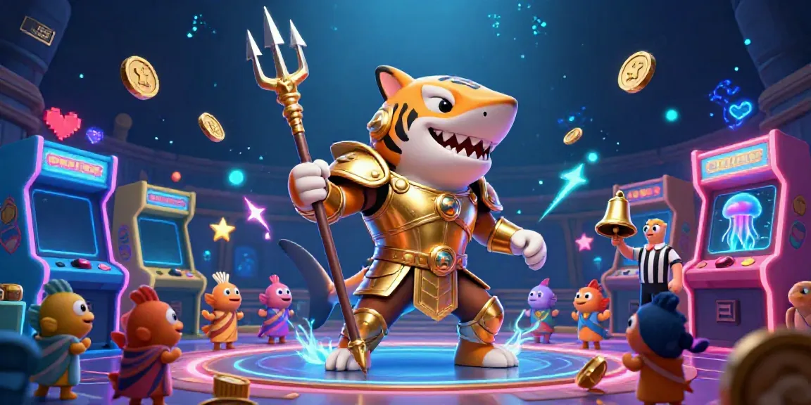 Engage with MANCLUB in a vibrant underwater colosseum, showcasing arcade game elements and excitement.