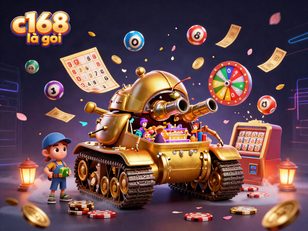 Experience the excitement of c168 là gì with a vibrant casino scene featuring animated lottery balls and a golden beetle tank.