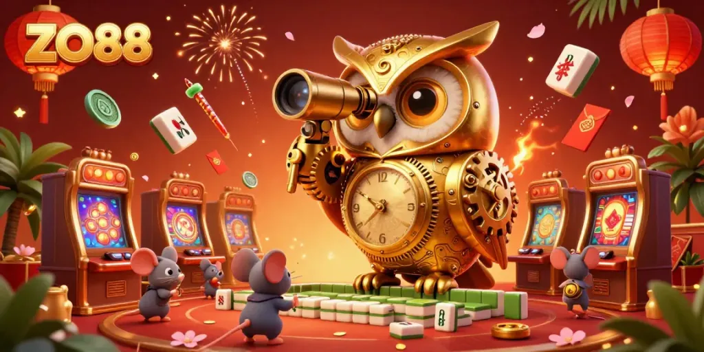 Experience thrilling games at ZO88, where a golden owl oversees a bustling casino atmosphere filled with lucky symbols.