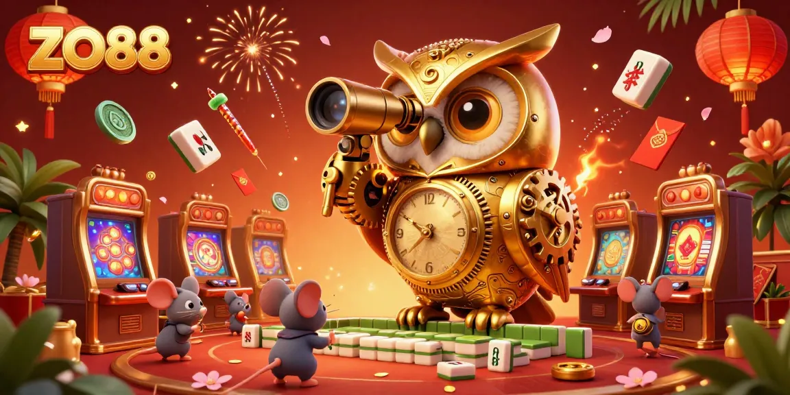 Experience thrilling games at ZO88, where a golden owl oversees a bustling casino atmosphere filled with lucky symbols.