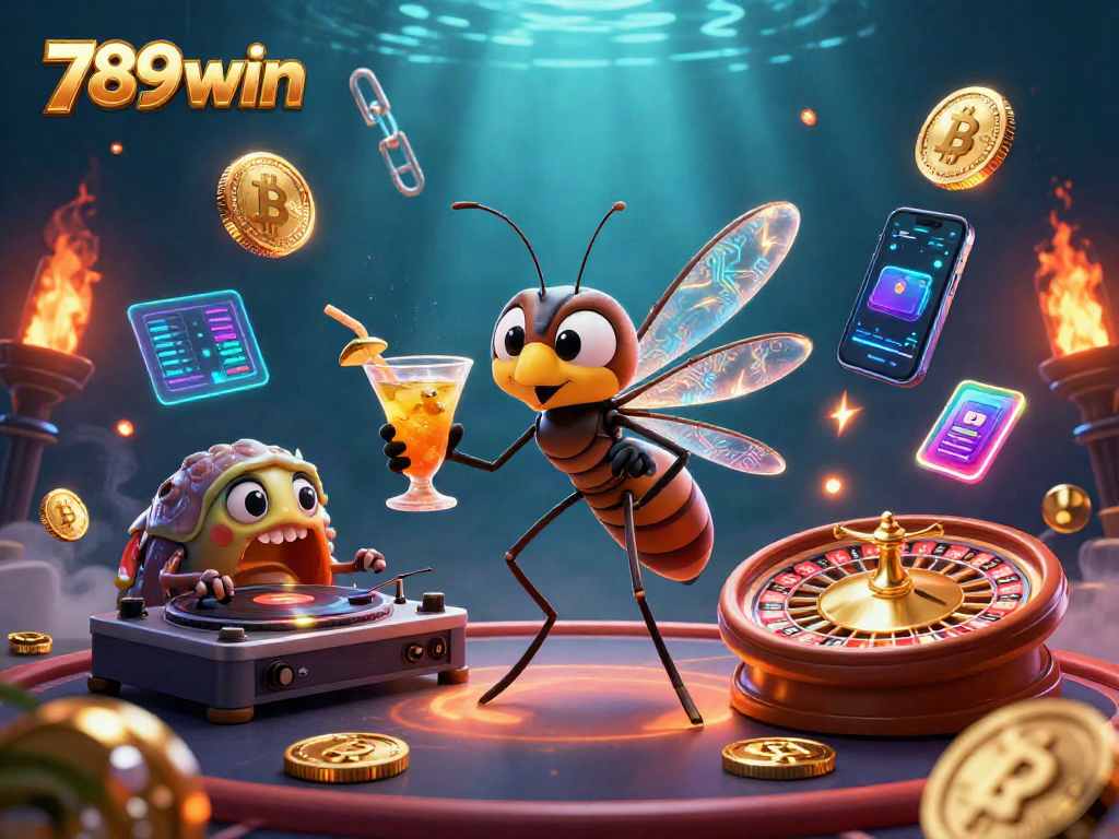 Experience the vibrant world of 789win with the frozen mosquito mascot and thrilling casino elements.