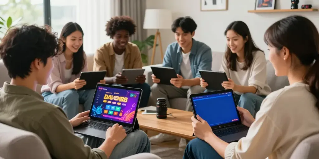 Engaging group enjoying online davo88 togel gaming experience in cozy home setting.