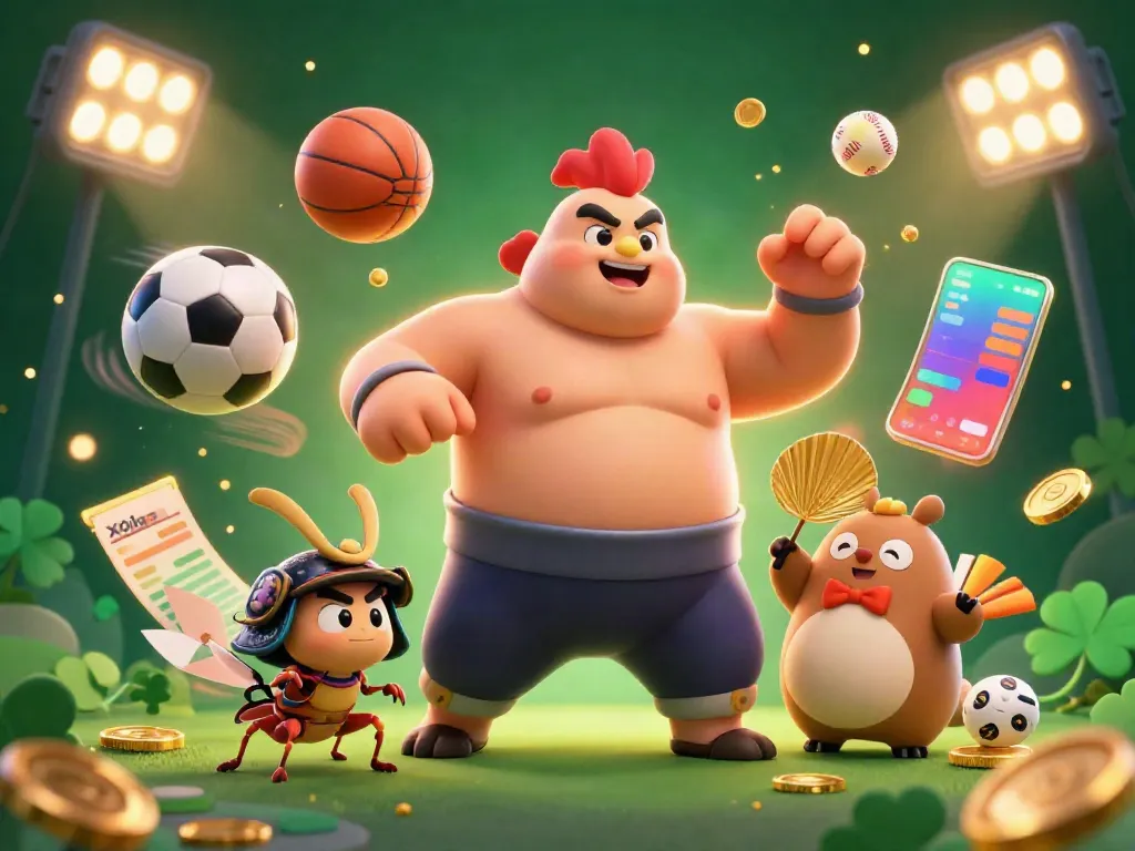Engage in thrilling betting action with xoilac as a powerful rooster sumo wrestler leads the scene surrounded by dynamic sports elements.