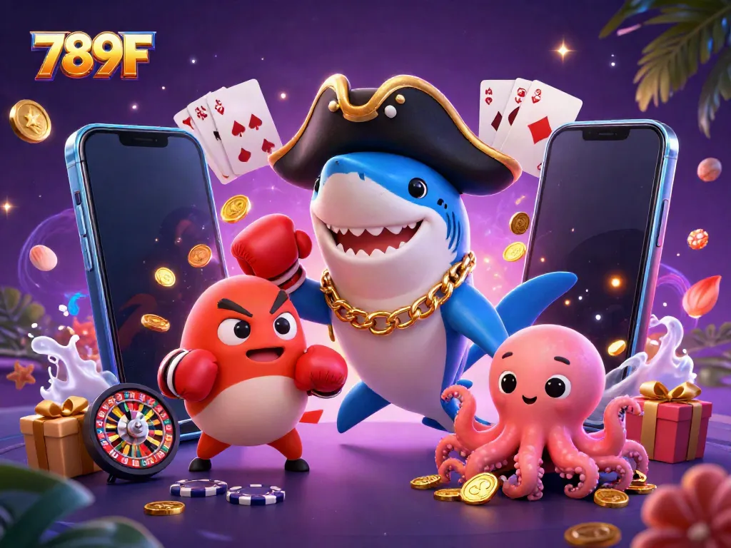 Experience the vibrant gaming world of 789F with a pirate shark, pufferfish, and octopus in action.