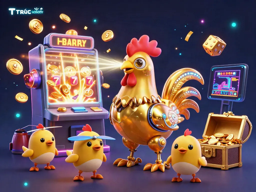 Experience Trực Tiếp xoilactv with vibrant golden rooster robot and rich casino elements in a dynamic 3D scene.