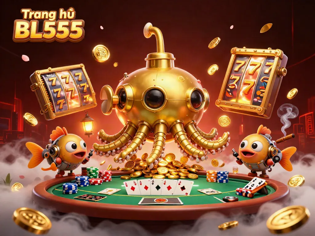 Experience the excitement of Trang chủ BL555 with a golden kraken surfacing through coins, surrounded by vibrant gambling elements.