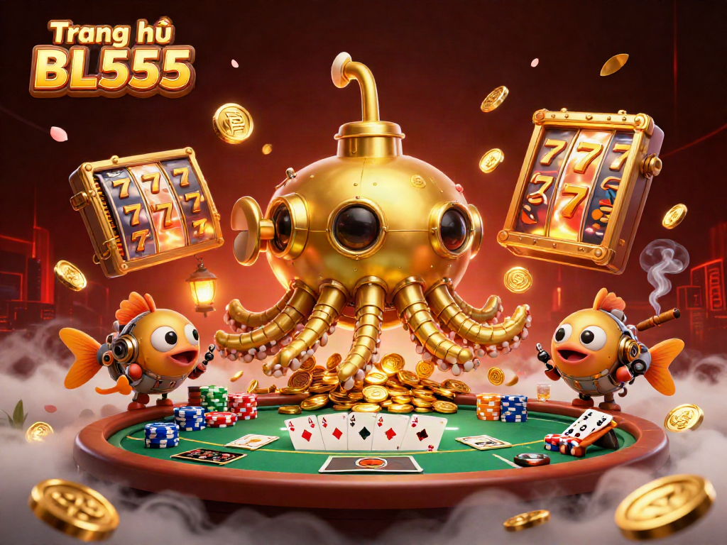 Experience the excitement of Trang chủ BL555 with a golden kraken surfacing through coins, surrounded by vibrant gambling elements.
