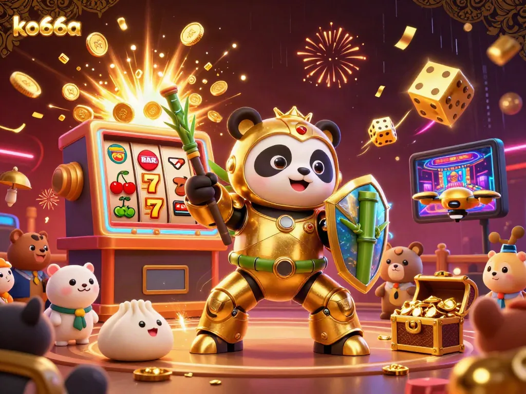 Engage with the thrilling atmosphere of ko66a, featuring a mech-suit panda and vibrant casino elements.