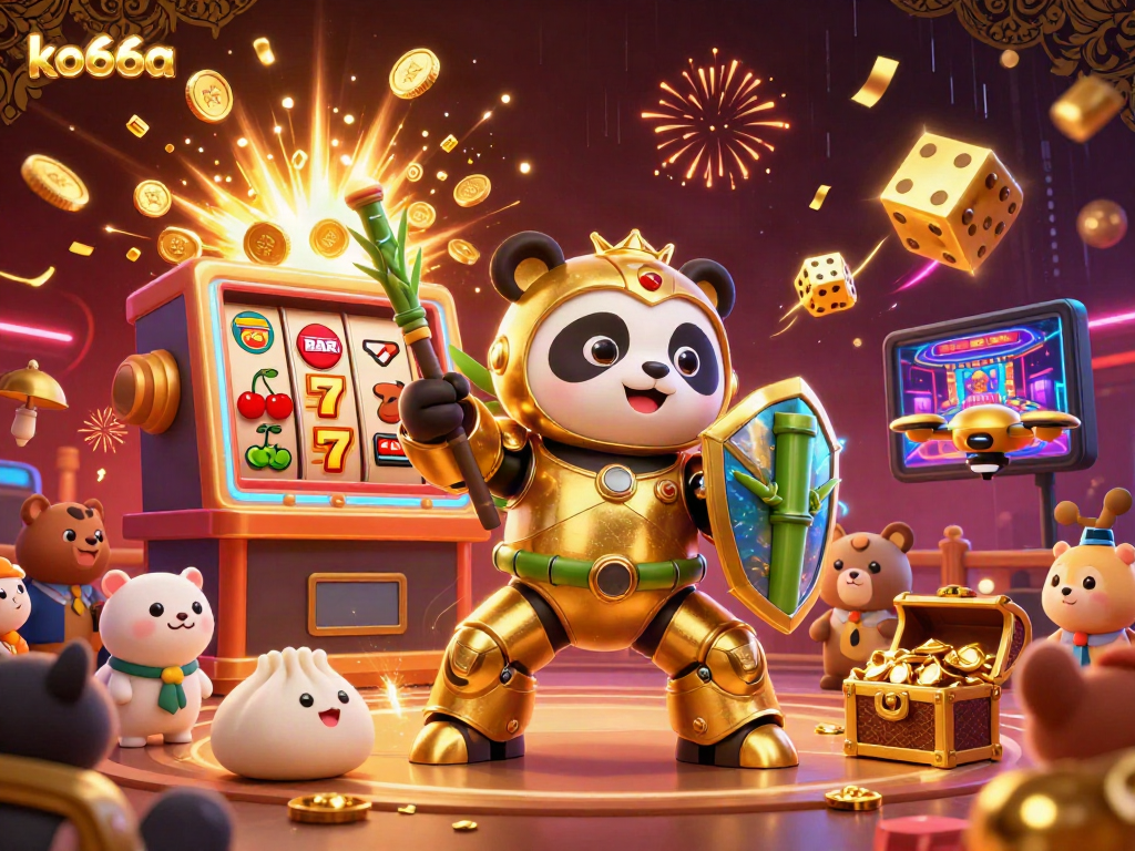Engage with the thrilling atmosphere of ko66a, featuring a mech-suit panda and vibrant casino elements.