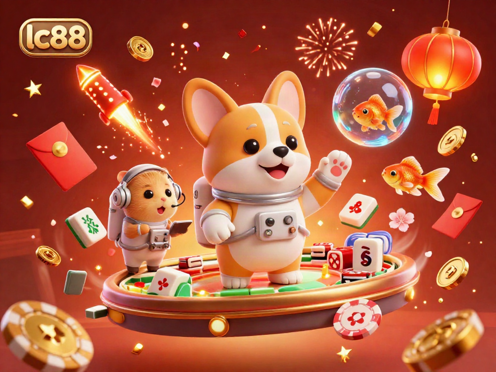 Experience thrilling gaming at lc88 with a vibrant floating casino scene featuring an astronaut corgi and festive elements.