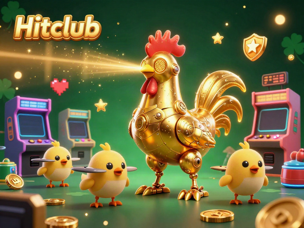 Experience the thrill of Hitclub with a vibrant 3D illustration of carnival games and playful robotic characters.