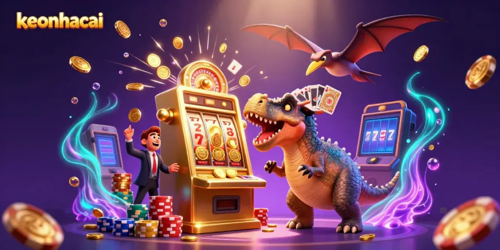 Join the excitement at keonhacai as a pachycephalosaurus spins a golden slot machine in a colorful casino!
