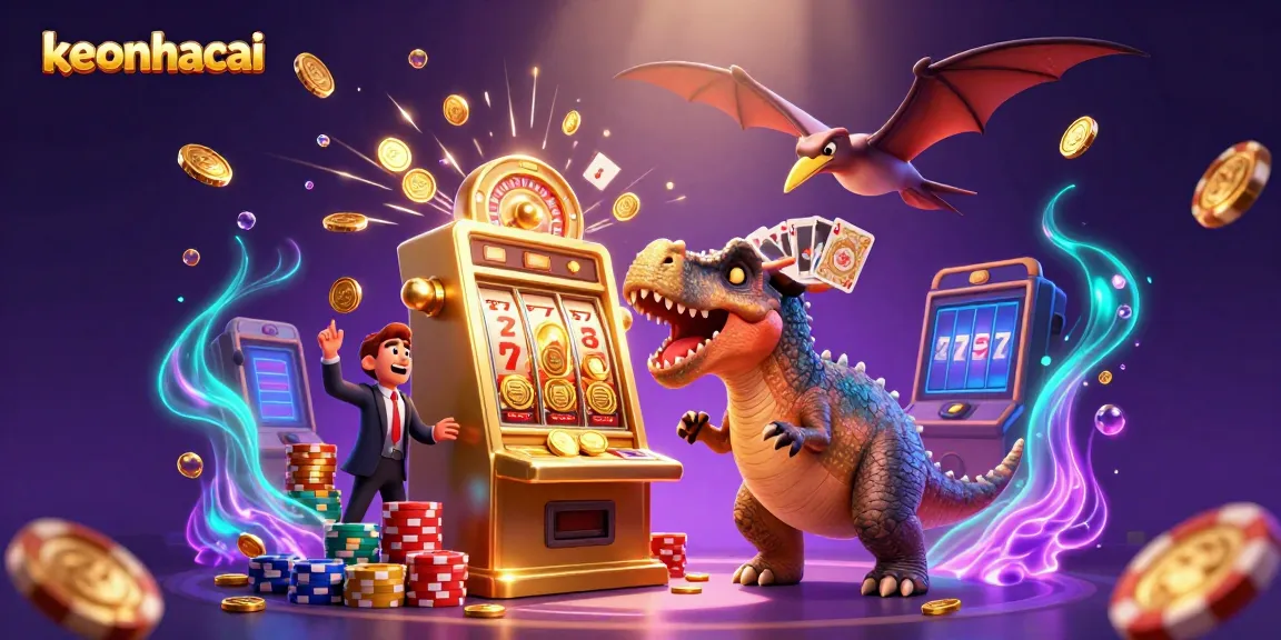 Join the excitement at keonhacai as a pachycephalosaurus spins a golden slot machine in a colorful casino!