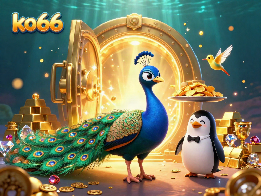 Experience thrilling wins at ko66 with an aristocratic peacock, penguin, and hummingbird in a vibrant casino scene.