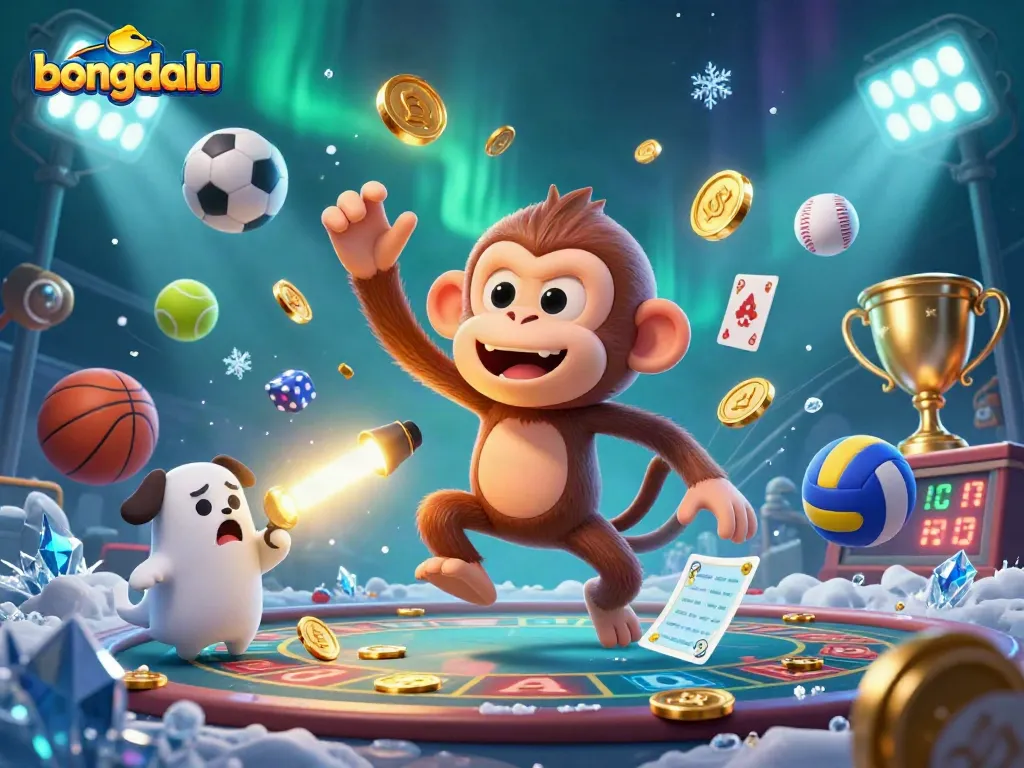 Bongdalu showcases a playful poltergeist monkey juggling gold in a haunted casino, surrounded by dynamic sports elements.