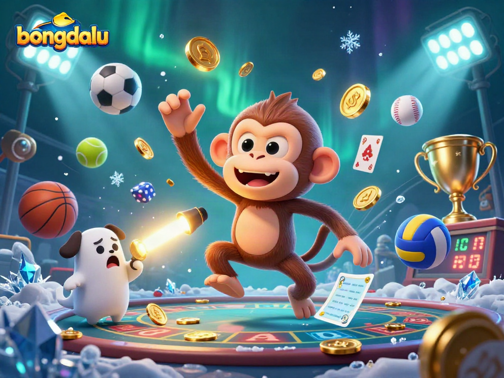 Bongdalu showcases a playful poltergeist monkey juggling gold in a haunted casino, surrounded by dynamic sports elements.