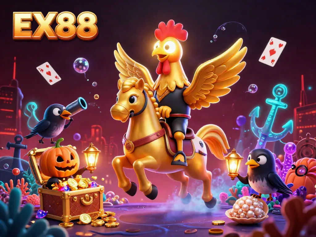 Experience the magic of EX88 in this vibrant 3D cartoon scene filled with gambling elements.
