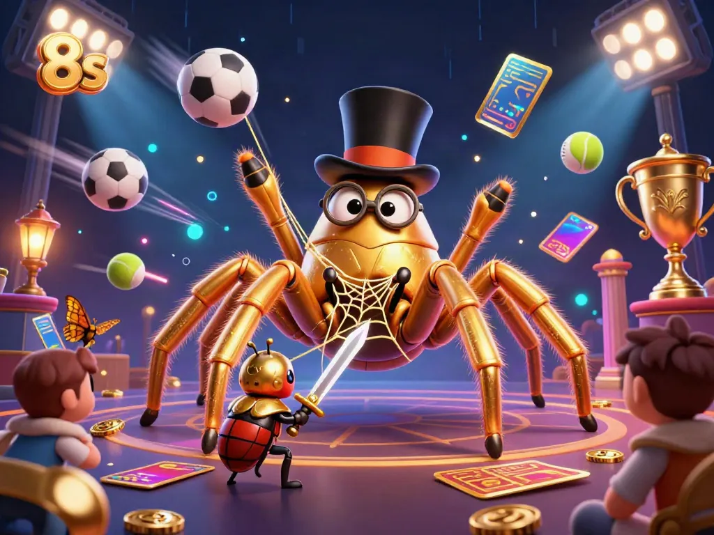 Engage with 8s-themed casino world, showcasing a giant tarantula and beetle knight amidst dynamic sports elements.