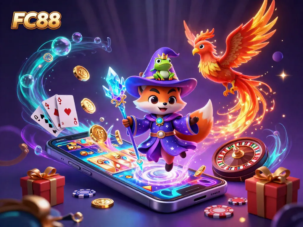 Engage with FC88's vibrant 3D casino experience featuring a wizard fox and a phoenix in an exciting gaming environment.