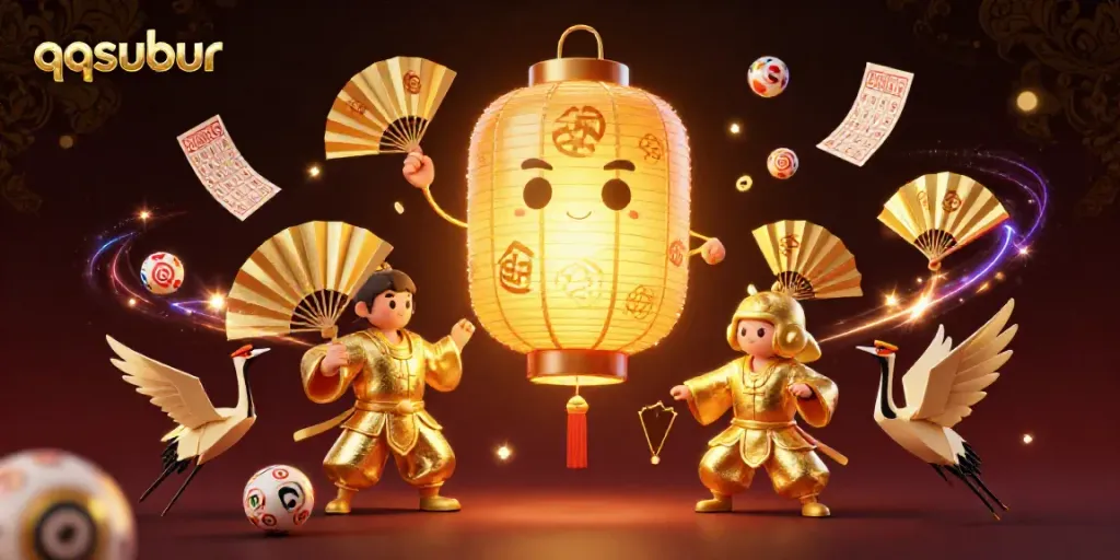 Engage with qqsubur's vibrant scene featuring a golden lantern spirit at a dynamic night market casino.