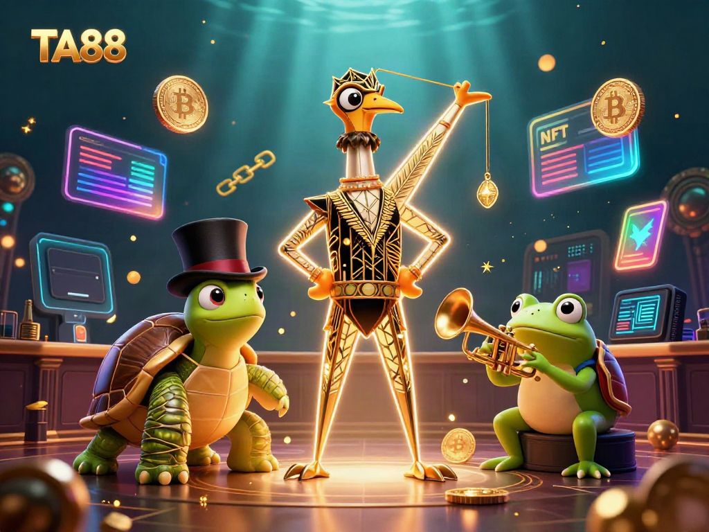 Engage with TA88 at a vibrant digital speakeasy, showcasing dynamic characters and neon crypto elements.